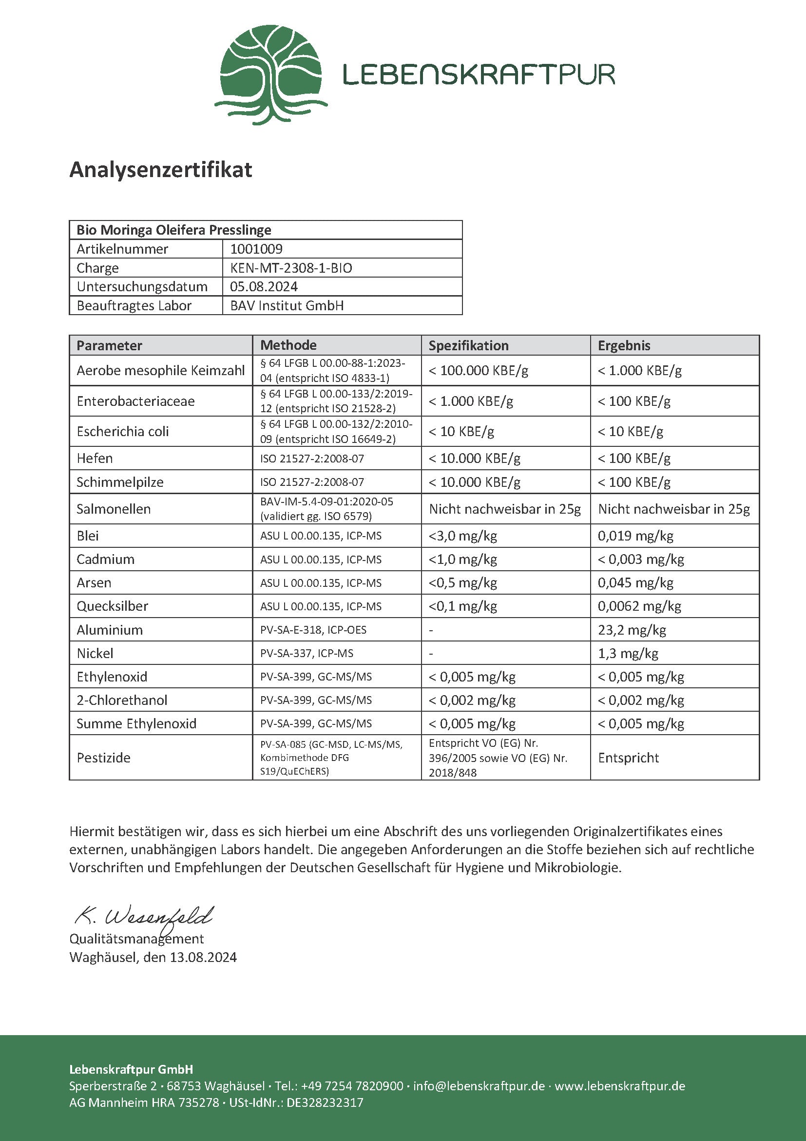 Bio Moringa Oleifera Presslinge